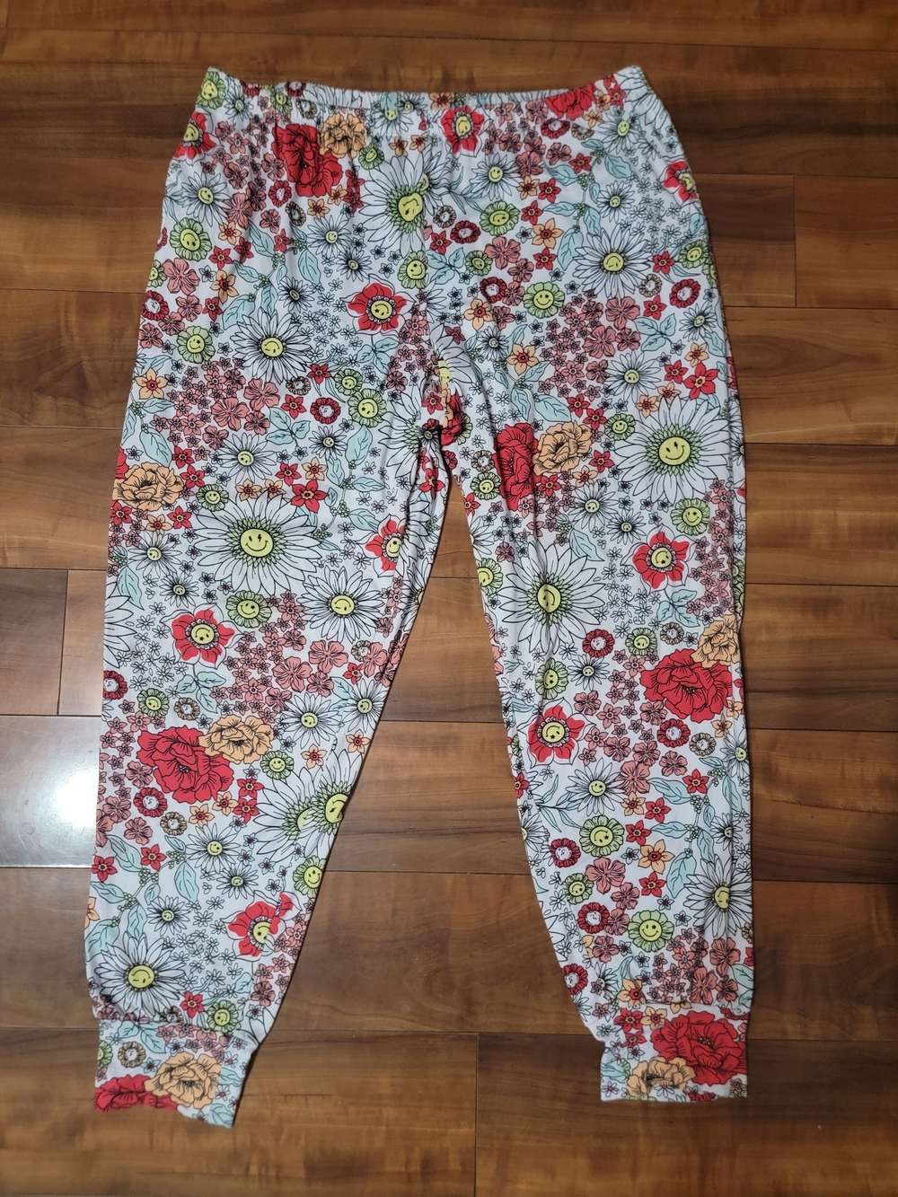 Source Unknown White Pajama Pants with Red, Yellow & Green Floral Print